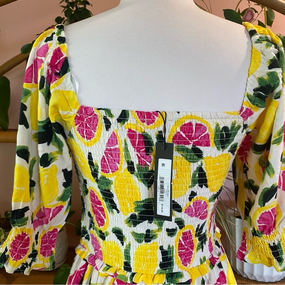 NWT Steve Madden Challis Grapefruit LEMON Citrus Fruit Smocked Maxi Midi Dress S - Picture 8 of 9